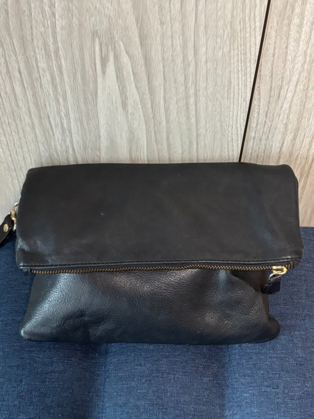 Iriarte Iriarte Black Genuine Leather Foldover Crossbody Clutch 19" Bag